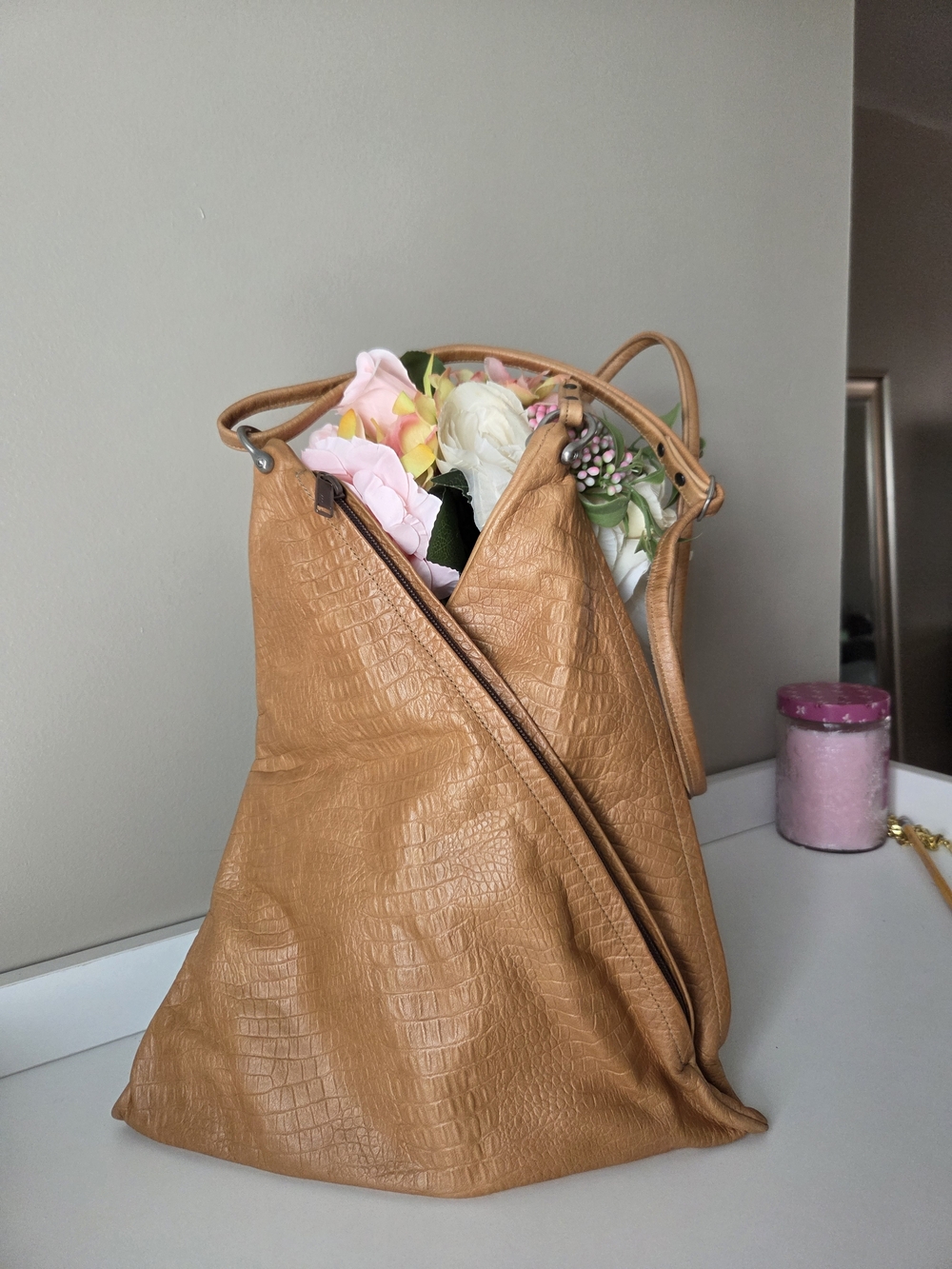 Textured Tan Croc-Embossed Shoulder Bag